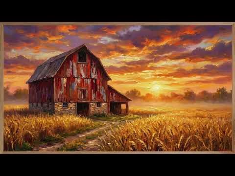 A Beautiful Sunset over a red Barn | Framed Oil Painting Art TV Background | Screensaver 2 Hours