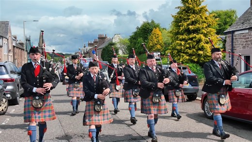 The Chieftain Alan Watt with Games President and Committee members leading Blairgowrie, Rattray & District Pipe Band to the 2025 Blackford Highland Games. These were held on Saturday 31st May 2025 at Blackford in Perthshire, Scotland, and the band, led by Pipe Major AJ MacGregor, were playing the tune Leaving Port Askaig. The famous Blackford Highland Games have been held since 1870 and include all popular activities, including throwing the hammer, tossing the caber, athletics, track and field e