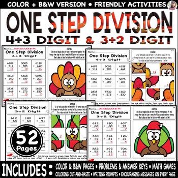 One step Division 4÷3 & 3÷2 Digit | Thanksgiving Picture Activities Math Set.