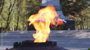 burning eternal flame fire in Russian memorial monument, in honor of victory day 9 may holiday. flowers, Russian flag symbols, victory in war war II, Second World War memory, eternal fire nine May Day
