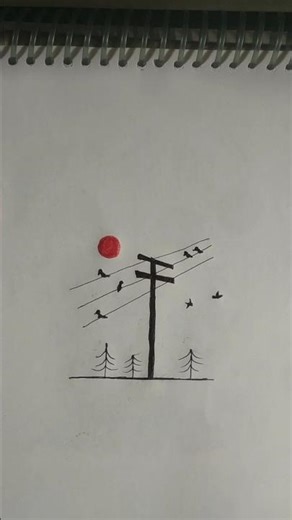 Minimal Landscape Drawing ✨ | Birds on Wire & Red Sun 🌅 #Shorts#landscape