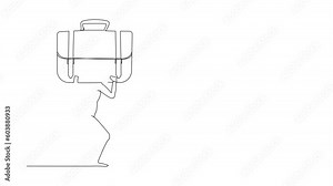 Self drawing animation of single line draw businessman carrying heavy briefcase on back. Difficulty business task. Pressure workload. Anxiety and overload worker. Continuous line. Full length animated