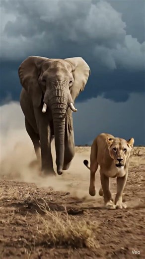 wildlife Elephant chasing a lion