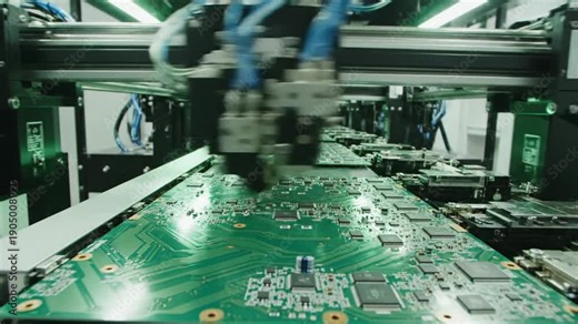 Automated electronic circuit board manufacturing process in a factory.