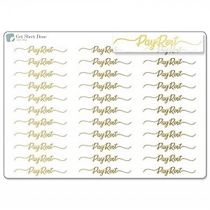 Pay Rent Script Planner Stickers - 30 Gold Foil Transparent Text Headers (1.5 Inch) - Elegant Budget & Bill Labels - Foiled Vinyl Planner Icons for Bujo Journaling Organization Functional Productivity