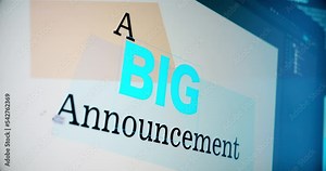 A digital artist creates a graphic saying "A BIG Announcement" on a page layout computer program. Stock Video