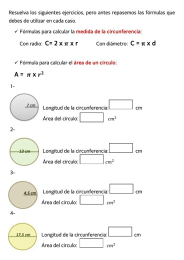 Circunferencia y área del círculo worksheet
