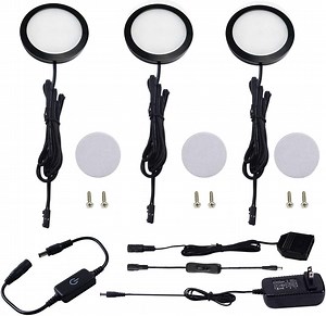 Under Cabinet LED Puck Lighting Kit with Touch Dimmer Switch for Kitchen Cupboard and Closet - Warm White, Black Cover, Set of Three Lights