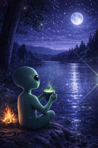 Cosmic Calm: Ambient Alien Relaxing by the River in Moonlight.