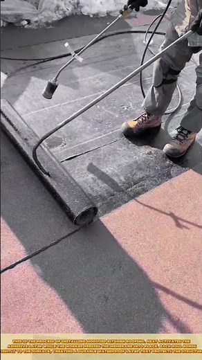 Skilled Worker Installing Modified Bitumen Roofing Using Heat Torch and Roller