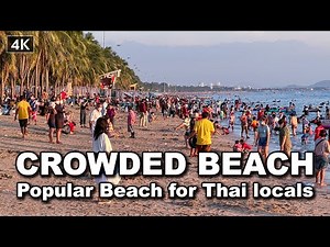 【🇹🇭 4K】Bangsaen Popular Beach for Thai locals, Crowded beach, walking tour, Jan 2022