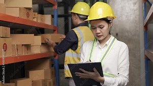 Warehouse workers check inventory while writing notes on clipboards, ensuring accurate stock management and organization