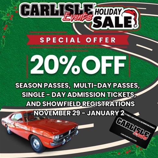 Make your plans for Chrysler Nationals today! Take advantage of our DEEPEST discount of the year! Save 20% on Season Passes, Multi-Day Event Passes, Single-Day Admission Tickets, and Showfield Registrations! Now through January 2! Save Here: https://bit.ly/3tF04tb | Carlisle Chrysler Nationals