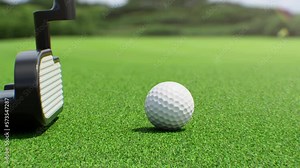 Golf Club Hitting the Ball Softly Close-up in Slow Motion 3d Animation. Putter Puts Ball into the Hole. Illustration of Abstract Final Hit Putt. Green Grass on the Golf Course. Sport Concept 4k.