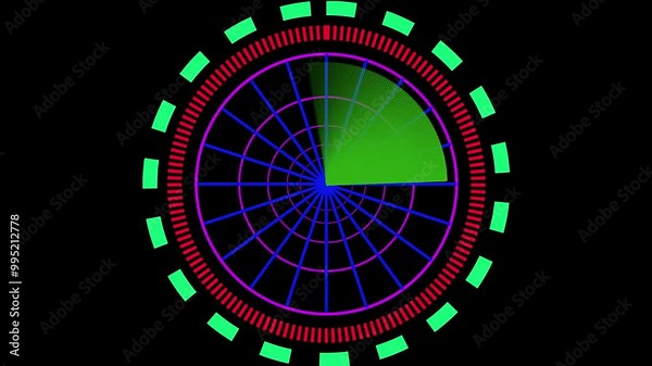 Radar loop with Alpha Matte, Digital green, red and blue radar with targets on monitor in searching. Air search . Military search system . Navigation interface . Navy sonar. Head up display