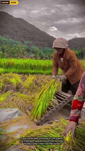 Traditional Rice Threshing Process Using Manual Wooden Thresher in Rural Farming