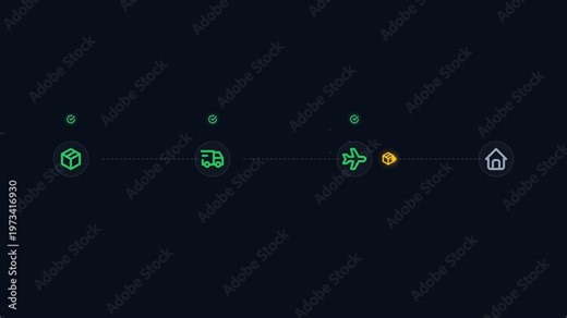Digital graphic illustrating a cascading logistics process. Sequential steps for efficient package delivery tracking from dispatch to its final customer destination