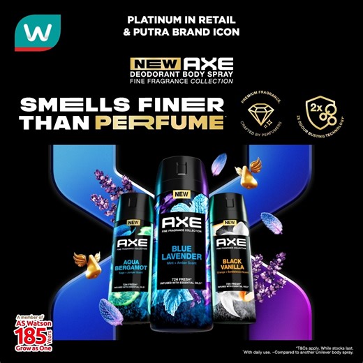 Introducing the NEW AXE Deodorant Body Spray! ✨ Infused with a premium fragrance crafted by perfumers and formulated with 2x odour-busting technology! 😍 Enjoy Axe great deals at #WatsonsMalaysia until 30 March 2026!* 🛍👉🏼 https://watsonsmy.onelink.me/ADyb/sil1a4qi 🌟 FREE 1X Gym Bag* with a purchase of RM25 on any AXE products in a single receipt. 🌟 [ONLINE EXCLUSIVE] EXTRA RM10 OFF* with code: OFF10ULMMAR with a minimum spend of RM100 on Unilever participating brand products in a single rec