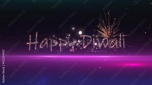 Happy Diwali text animation with fireworks over purple and blue gradient background