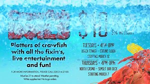 Crawfish Boils with Live Entertainment are back - and now twice a week, starting this Thursday! Tuesdays at the Beach Tower and Thursdays at Sunset Bar, 4 pm - 8 pm. Visit www.MyInsider.com for entertainment information! | Island View Casino Resort
