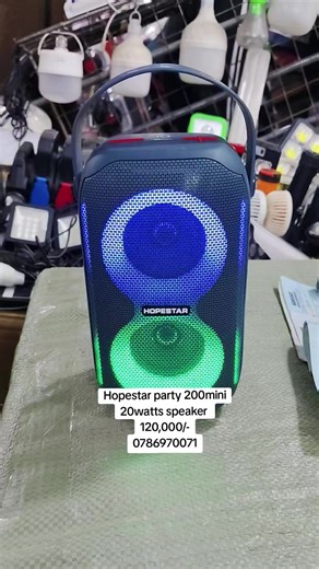 Hopestar Party 200 Mini portable Bluetooth speaker. It is known for its powerful sound, portable design, and dynamic RGB lighting effects that sync with the music. Product Information Model: Hopestar Party 200 Mini Audio Power: 20W (dual 10W speakers) Connectivity: Bluetooth 5.1/5.3, supports TWS (True Wireless Stereo) pairing for two units, AUX input, USB disk, and TF card playback Features: Dynamic RGB lighting effects, IPX5 waterproof rating (splash-proof), and a built-in handle for portabili