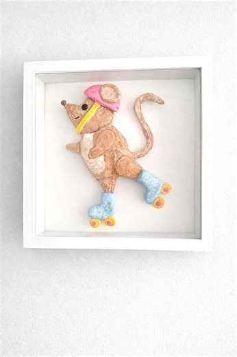 Whimsical Mouse Shadow Box Wall Art - Handmade Paper Mache Nursery Decor - Roller Skate Mouse - Etsy