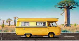 Modern collage animation. Yellow camper travels around the world. Choose your next stop. Trip, adventures, vacation concept.