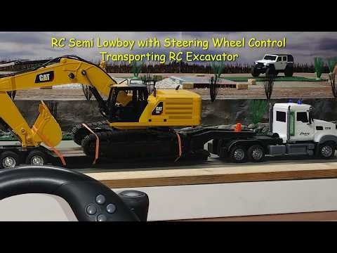 RC Construction, RC Semi Lowboy with Steering Wheel Control, Transporting RC Excavator