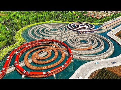 Big & Small Four Spiral Railway Crossing‼️Trains Spinning Around🚂Railway Tracks Like Planet🚇Trainz