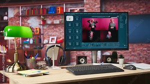 Computer on desk with UI of artificial intelligence GPT application turning text prompt into photos, handheld camera shot. Internet website on PC screen showing text to image AI generative models Stock Video