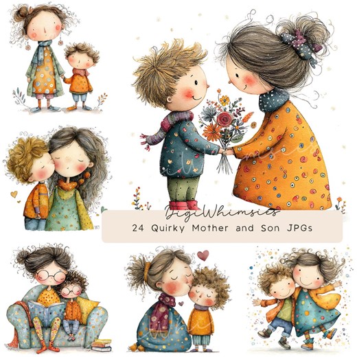 24 Mother and Son Clipart Mother and Baby Illustration Quirky Mother's Day Watercolor Family Art Digital JPG - Etsy