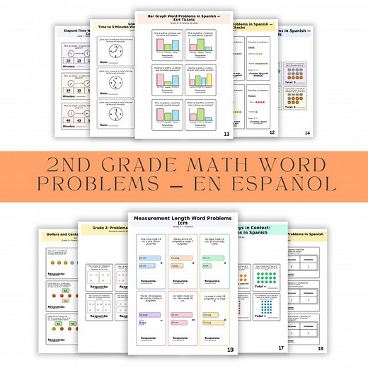 2nd Grade Math Word Problems in Spanish | Printable Worksheets (PDF) | Addition & Subtraction | Grade 2 - Etsy