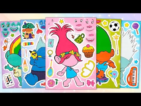 TROLLS STICKER BOOK MAKEOVER | POPPY, BIGGIE, HARPER, DIAMOND FUNNY STICKER ACTIVITY
