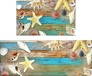 Beach and Nautical Kitchen Rugs for Floor 2 Piece Set, Wood Grain Ocean Coastal Beach Kitchen Rug, Nautical Kitchen Mat in Front of Sink for Standing for Kitchen Decor 17"X30"+17"X47"