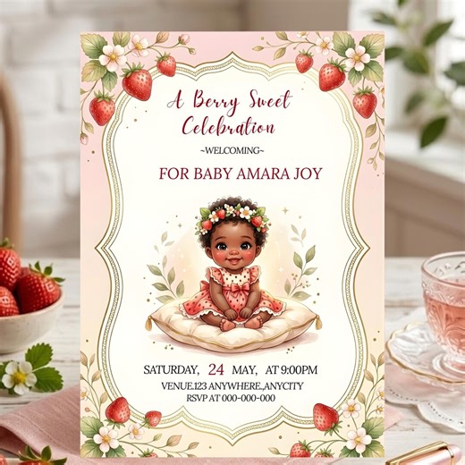 Afro Strawberry Baby Shower Invitation, Berry Sweet Baby Girl Invite, African American Baby Shower, Afro Princess Invite, Editable Canva - Etsy
