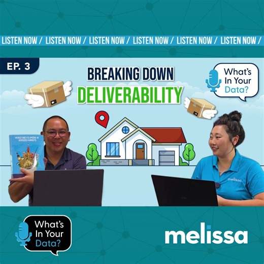 New on What’s in Your Data?: “Breaking Down Deliverability – Address Validation vs. Verification” 🎧 Daniel and Anna walk through U.S. address components, the practical difference between validation and verification, and why verified addresses (backed by the right certifications) are essential for deliverability and compliance. Stream Episode 3 and subscribe on your favorite platform: https://i.melissa.com/4pYVFMn | Melissa