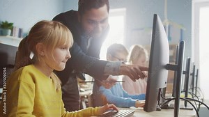 Elementary School Science Classroom: Teacher Explains to a Smart Little Schoolgirl how to use Personal Computer, to Learn Programming Language needed for Software Coding. Modern Education in Progress