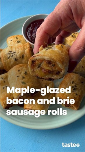 Maple-glazed bacon, chicken and brie sausage rolls