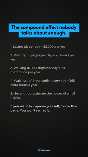 I did the math on small daily habits—the results surprised me. $8 per day doesn't feel like much. Until you realize it's $3,000 a year. 15 pages doesn't feel like reading. Until you've finished 25 books. The compound effect is real, but most people quit before they see it work. Small actions, repeated consistently, create results that big plans never do. Which habit are you starting today? #smallhabits #compoundeffect #consistency #personaldevelopment #habitbuilding #selfimprovement #dailyroutin