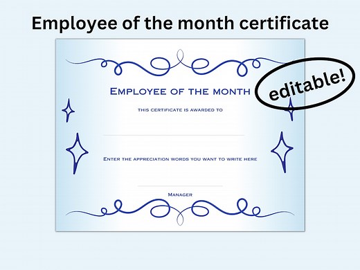 Employee of the Month Template, Employee of the Month Certificate, Employee of the Month Appreciation , Editable Certificate, Editable Award - Etsy