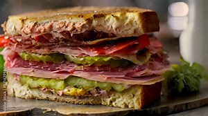 Detailed view of a classic American deli sandwich filled with savory meat and crisp pickles, A classic American deli sandwich featuring a combination of savory and tangy flavors