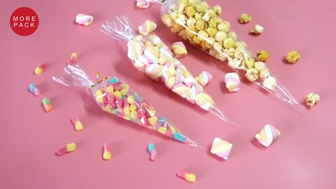 Morepack Cone Shaped Cellophane Treat Bags, 5x10 Inches Clear Triangle Plastic Bags for Popcorn Favor, Candy, 100 Pieces