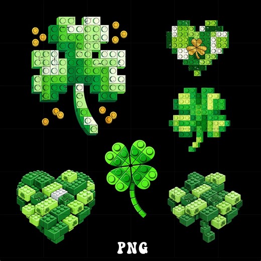 St Patricks Day Building Block PNG Bundle, Lucky Clover Brick, Digital Download