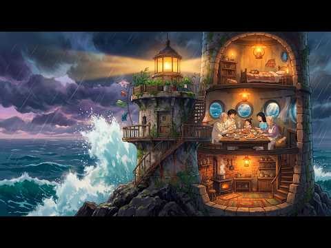 Studio Ghibli Inspired Lighthouse Animation 🌊🏡 Calm Ocean Life ✨🌬️