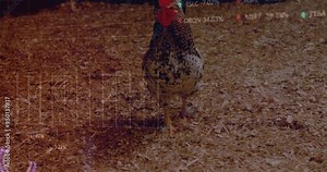 Walking chicken on ground with data analysis animation overlay