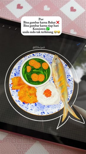 Fahimatul Ilmiyah on Instagram: "Drawing traditional Indonesian breakfast using Procreate 🍽️🎨 (sayur bening, bakwan jagung, nasi uduk + sambal bawang, ikan goreng) Comment DRAW nanti aku DM kamu link buat belajar dari nol 🤏🏻🎀 . #illustration #illustrations #illustrator #illustrate #illust #illustrator #digital #procreate #procreatedrawing #procreateart #procreate5 #procreatevideo #procreatetips #digitalart #digitalartist #digitalartwork #réel #reel #reels #reelsfypシ #breakfast #indonesia #i