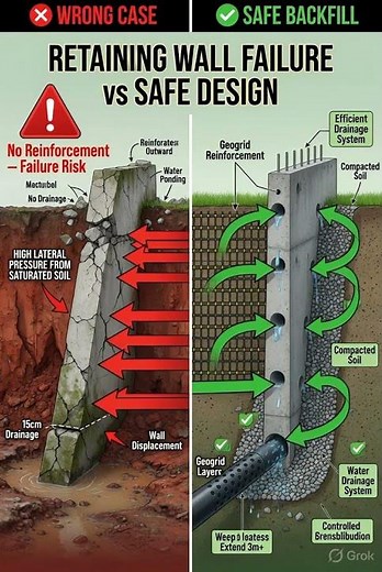 Retaining Wall Failure ❌ vs Safe Design ✅ #shortsfeed #ytshorts #civilengineering #InsightExamPrep