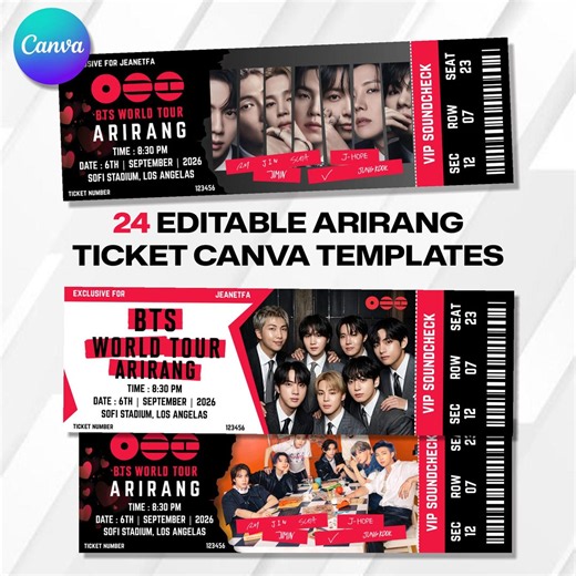 Plantilla editable de Canva para entradas de conciertos de BTS Arirang / Gira mundial de BTS 2026 / 24 diseños / Descarga digital - Etsy México