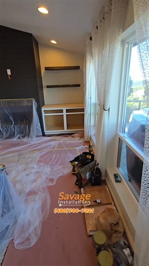 Time to get the cabinets, countertops, and shelves in. #mediawall #cabinets #floatingshelves #countertops #phoenix #arizona #viralvideo #trendingpost | Savage Installations llc