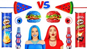 28K views · 445 reactions | Red VS Blue Color Food Challenge! Eating Only One Colored Yummies for 24 HRS by RATATA | Ratata | Facebook